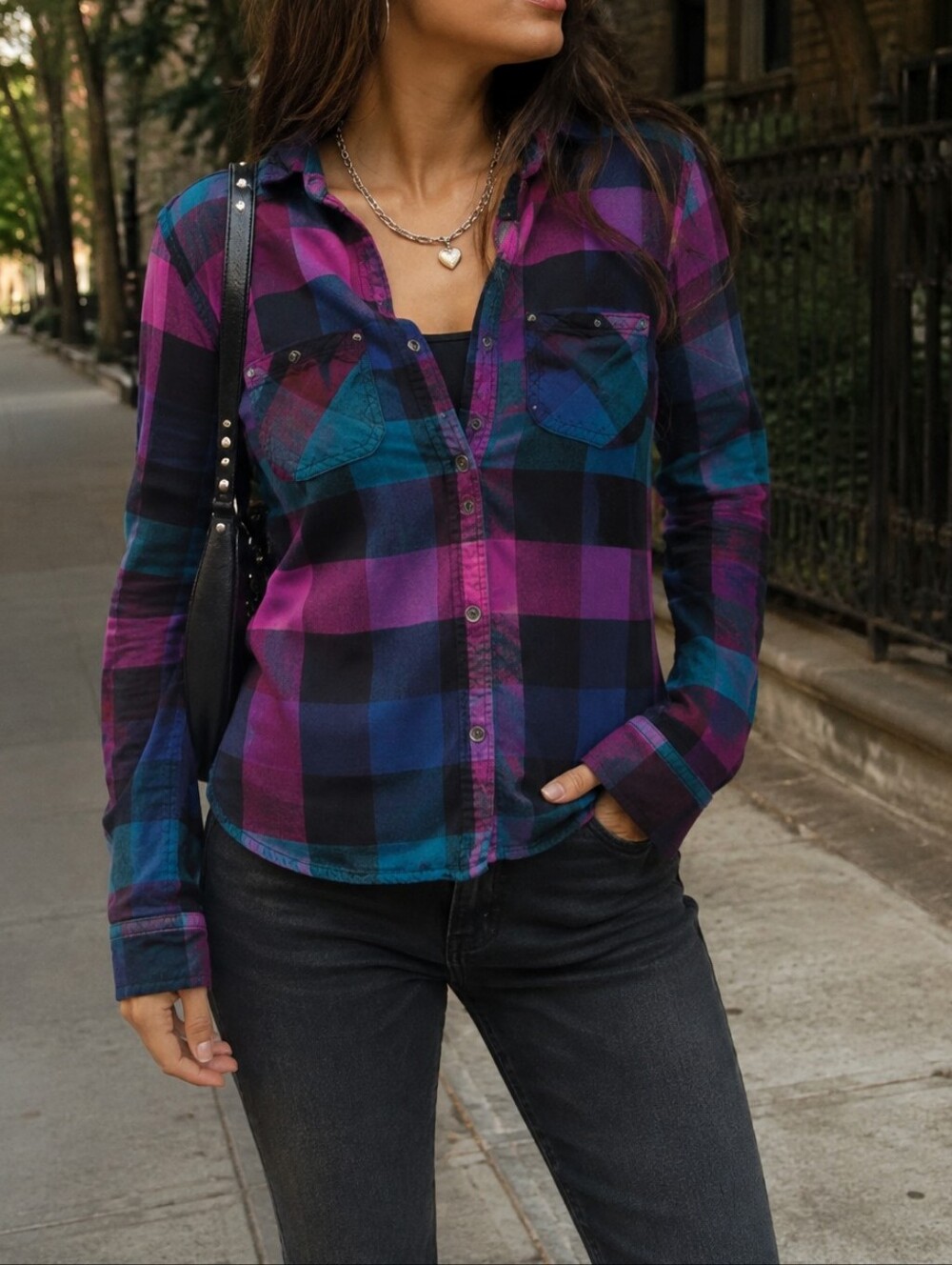Rock & Republic Teal Magenta Black Plaid Button-Up Shirt Grunge Y2K